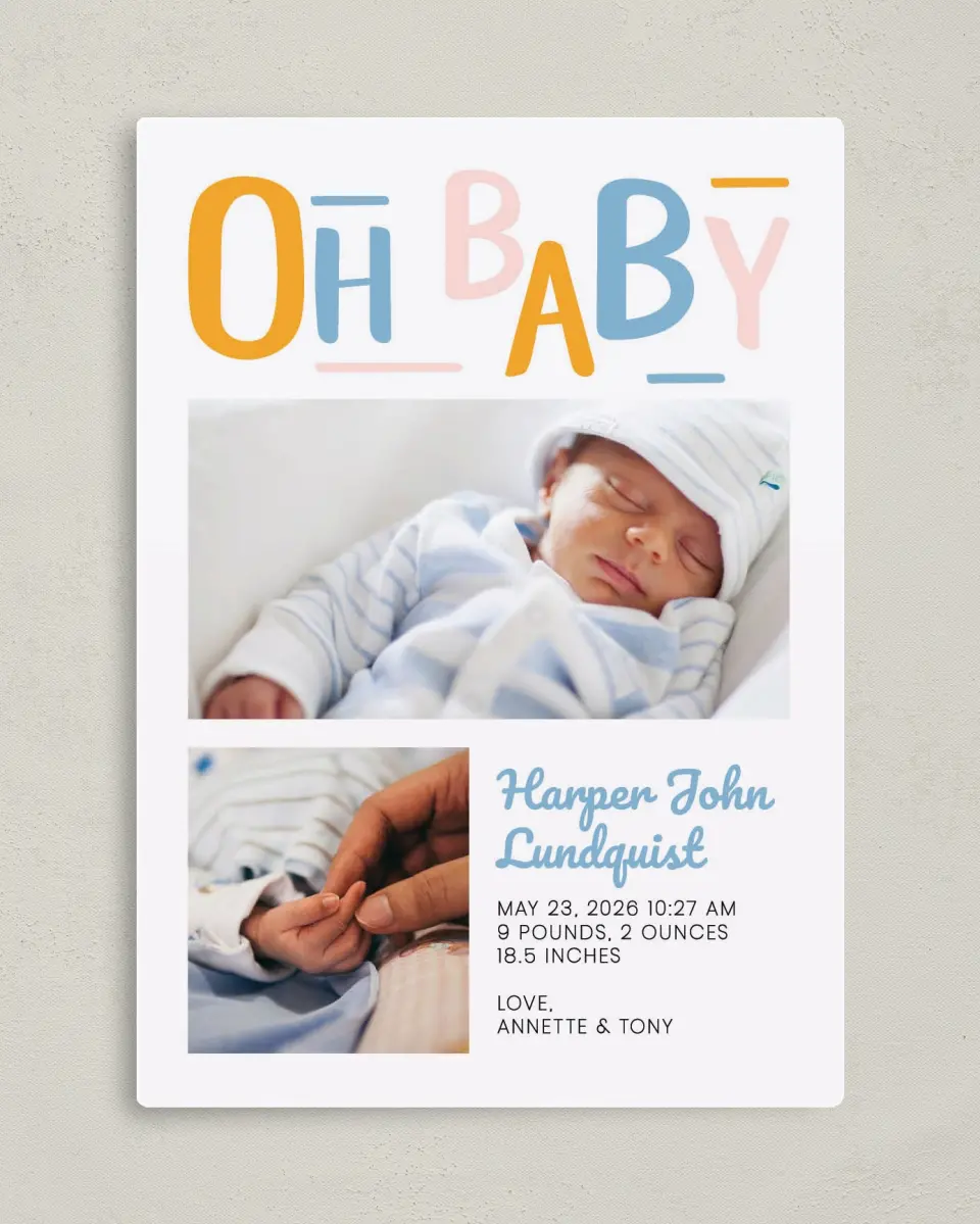 This is a 5" x 7" Birth Announcement Magnet called Baby Baby printed in full color with a Luxe Satin finish