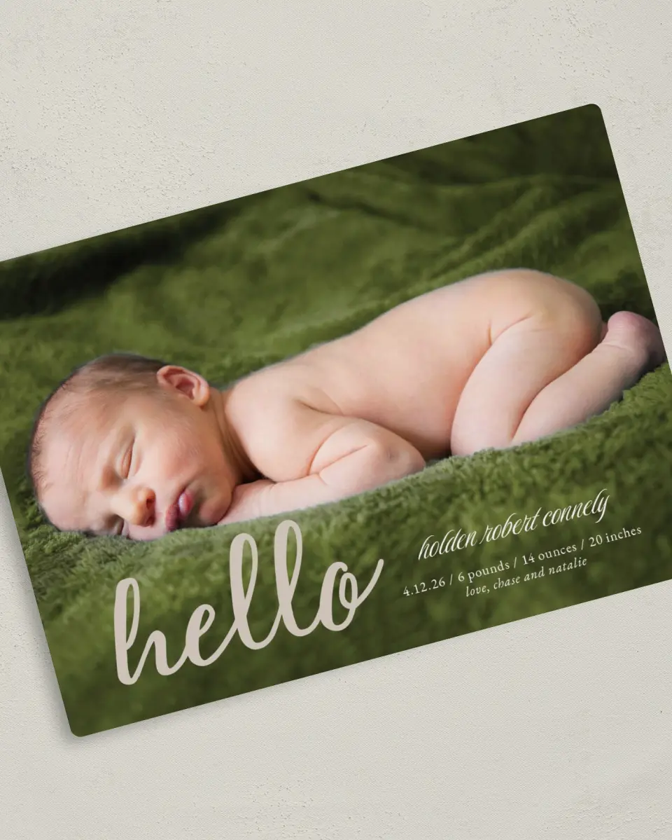 This is a 5" x 7" Birth Announcement Magnet called Contemporary Hello printed in full color with a Luxe Satin finish