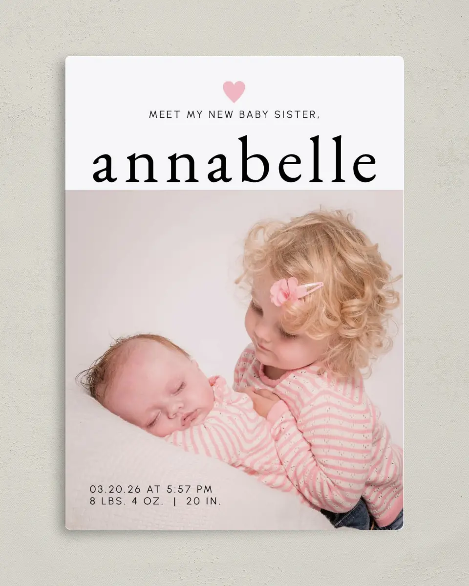 This is a 5" x 7" Birth Announcement Magnet called Meet Cute printed in full color with a Luxe Satin finish