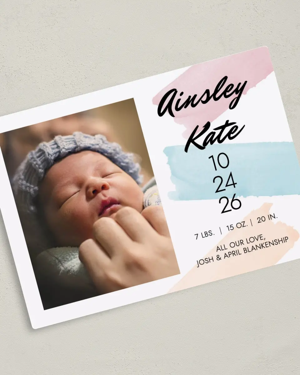 This is a 5" x 7" Birth Announcement Magnet called Stylish Strokes printed in full color with a Luxe Satin finish