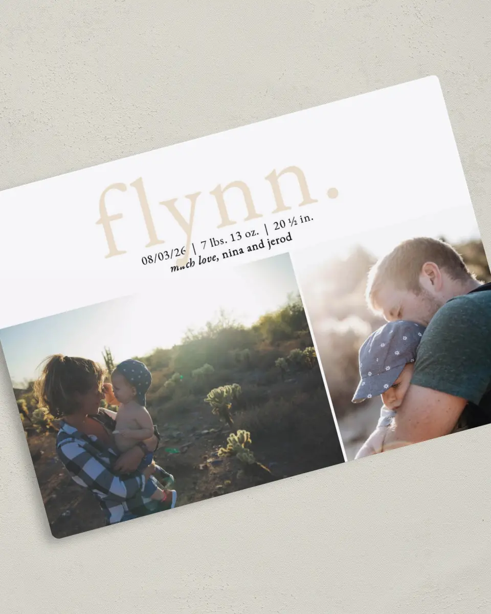 This is a 5" x 7" Birth Announcement Magnet called Banner Name printed in full color with Gold foil and a Luxe Satin finish