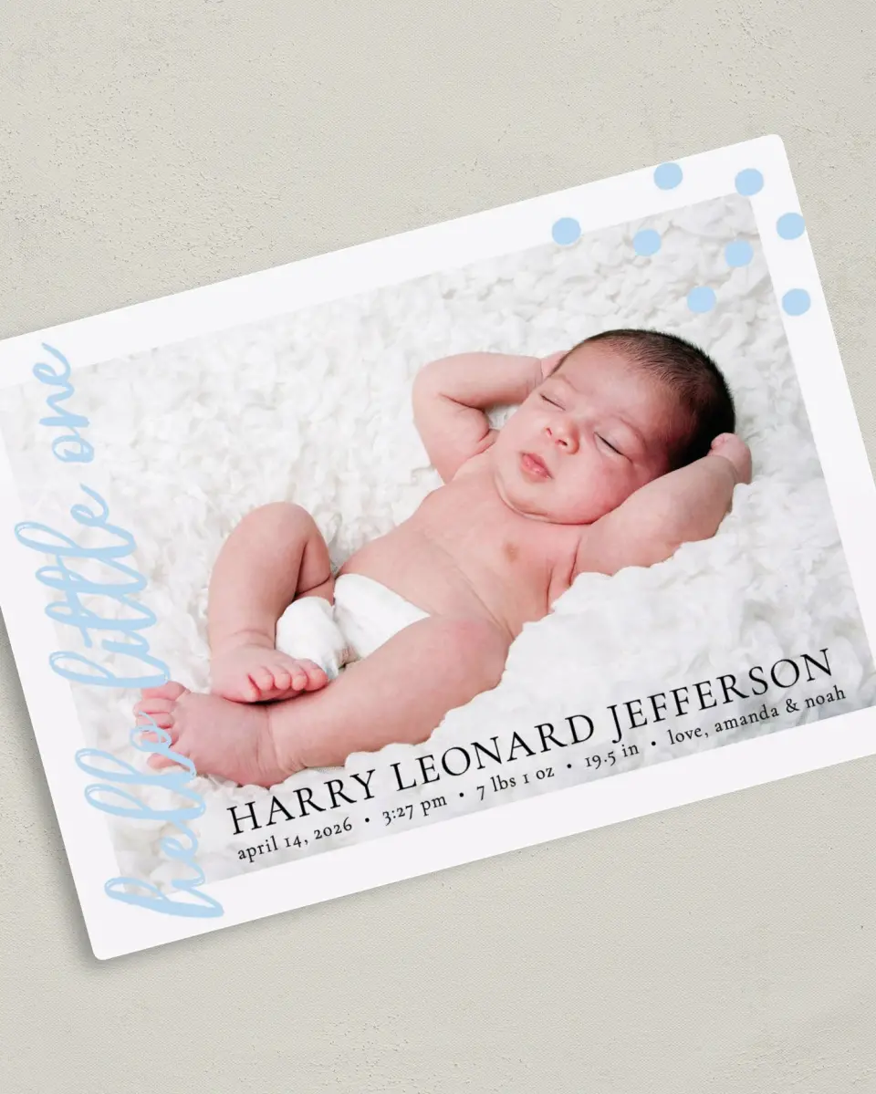 This is a 5" x 7" Birth Announcement Magnet called Hello Little printed in full color with Gold foil and a Luxe Satin finish