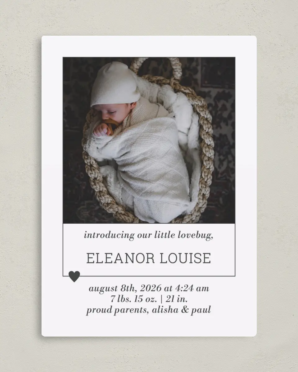 This is a 5" x 7" Birth Announcement Magnet called Heart of Love printed in full color with Gold foil and a Luxe Satin finish