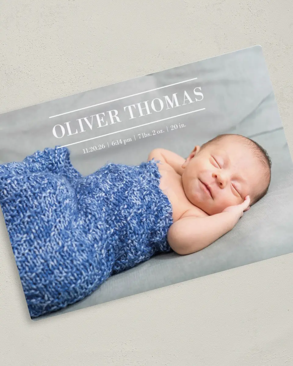 This is a 5" x 7" Birth Announcement Magnet called Grand Introduction printed in full color with Gold foil and a Luxe Satin finish