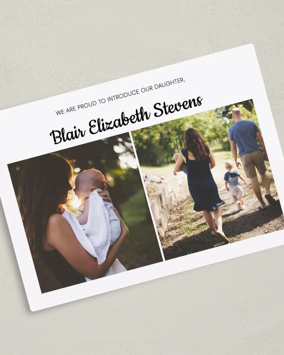 This is a 5" x 7" Birth Announcement Magnet called Growing Family printed in full color with Gold foil and a Luxe Satin finish