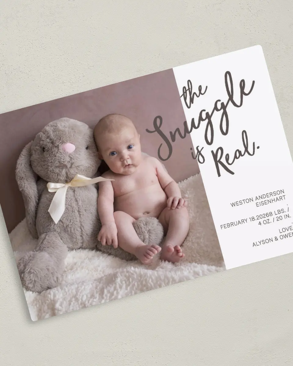 This is a 5" x 7" Birth Announcement Magnet called Snuggle Me printed in full color with a Luxe Satin finish
