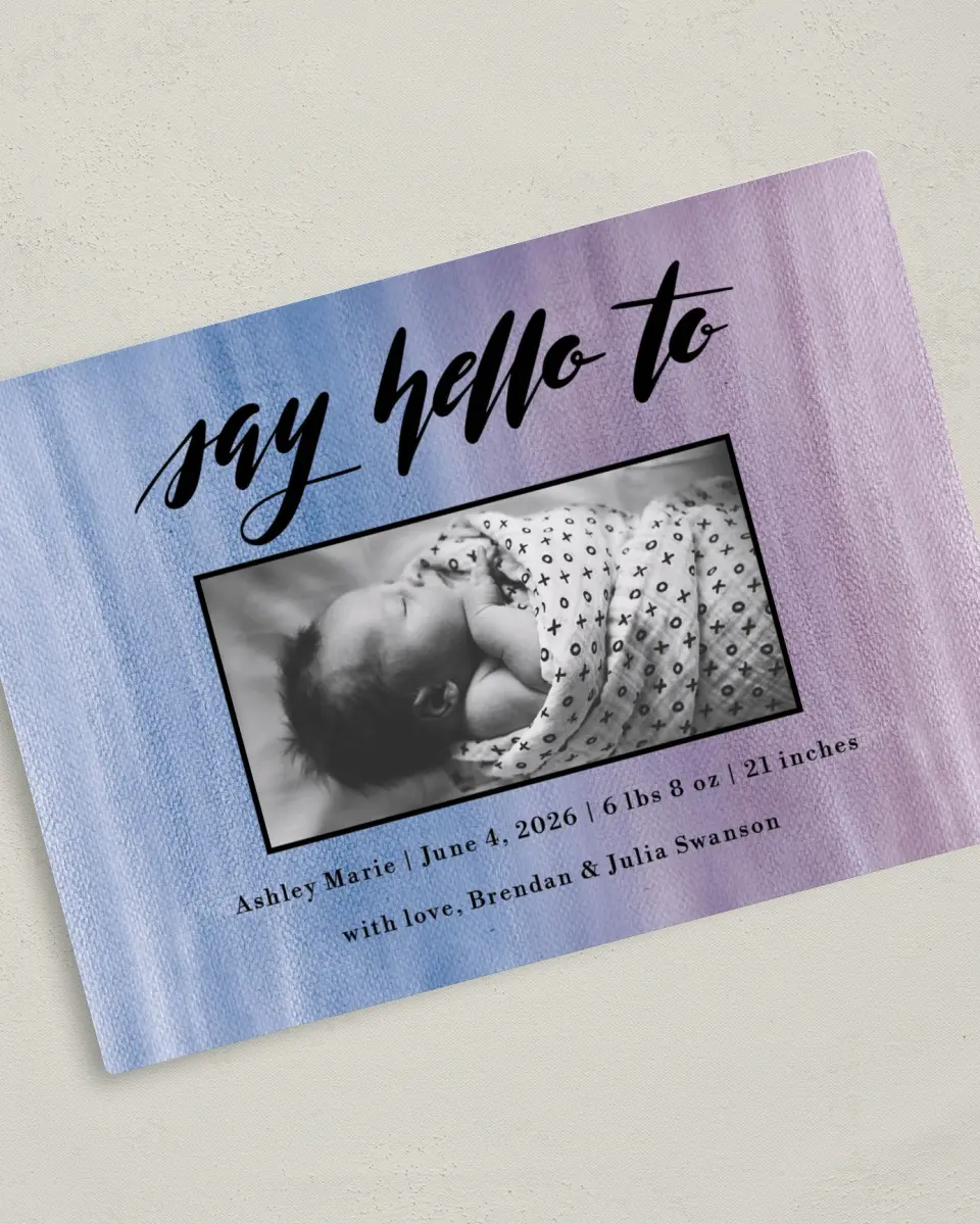 This is a 5" x 7" Birth Announcement Magnet called Say Hello printed in full color with Gold foil and a Luxe Satin finish