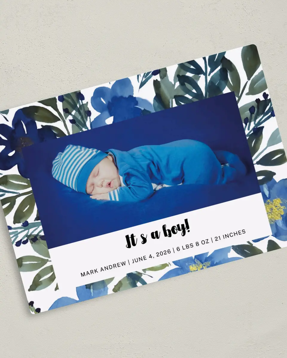 This is a 5" x 7" Birth Announcement Magnet called Budding Boy printed in full color with a Luxe Satin finish