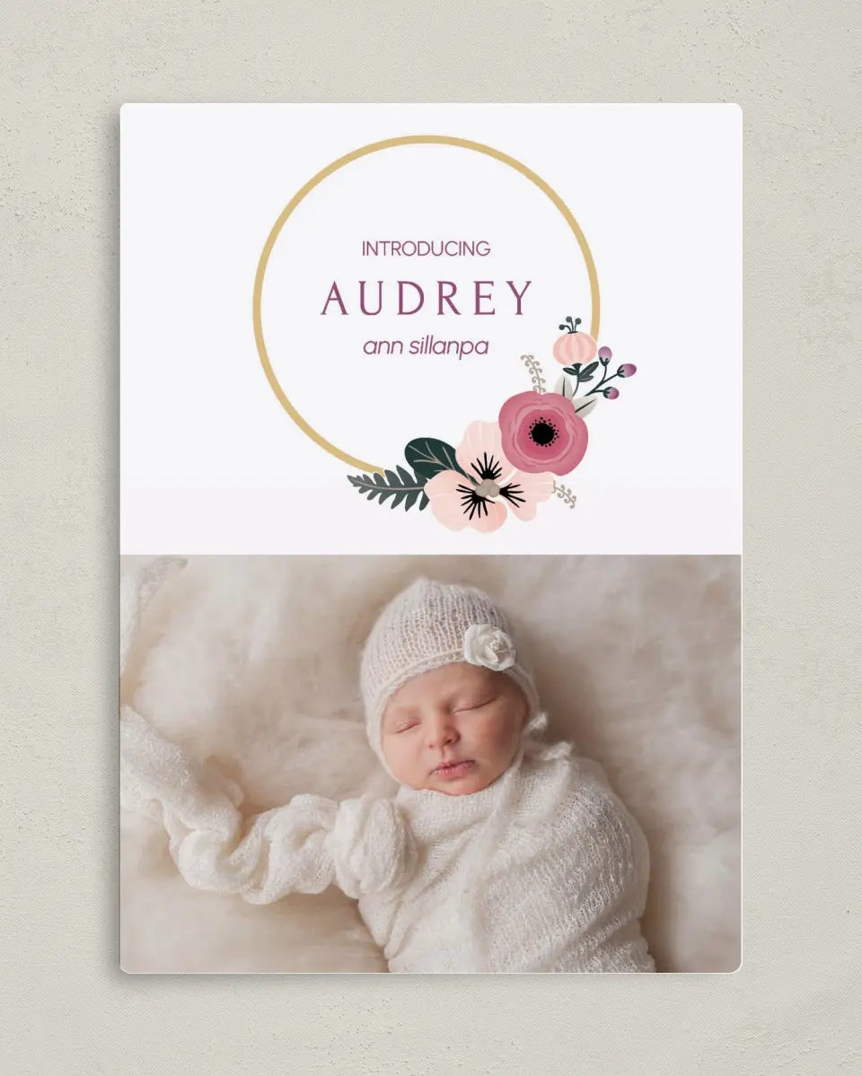 This is a 5" x 7" Birth Announcement Magnet called Bespoke Baby printed in full color with a Luxe Satin finish