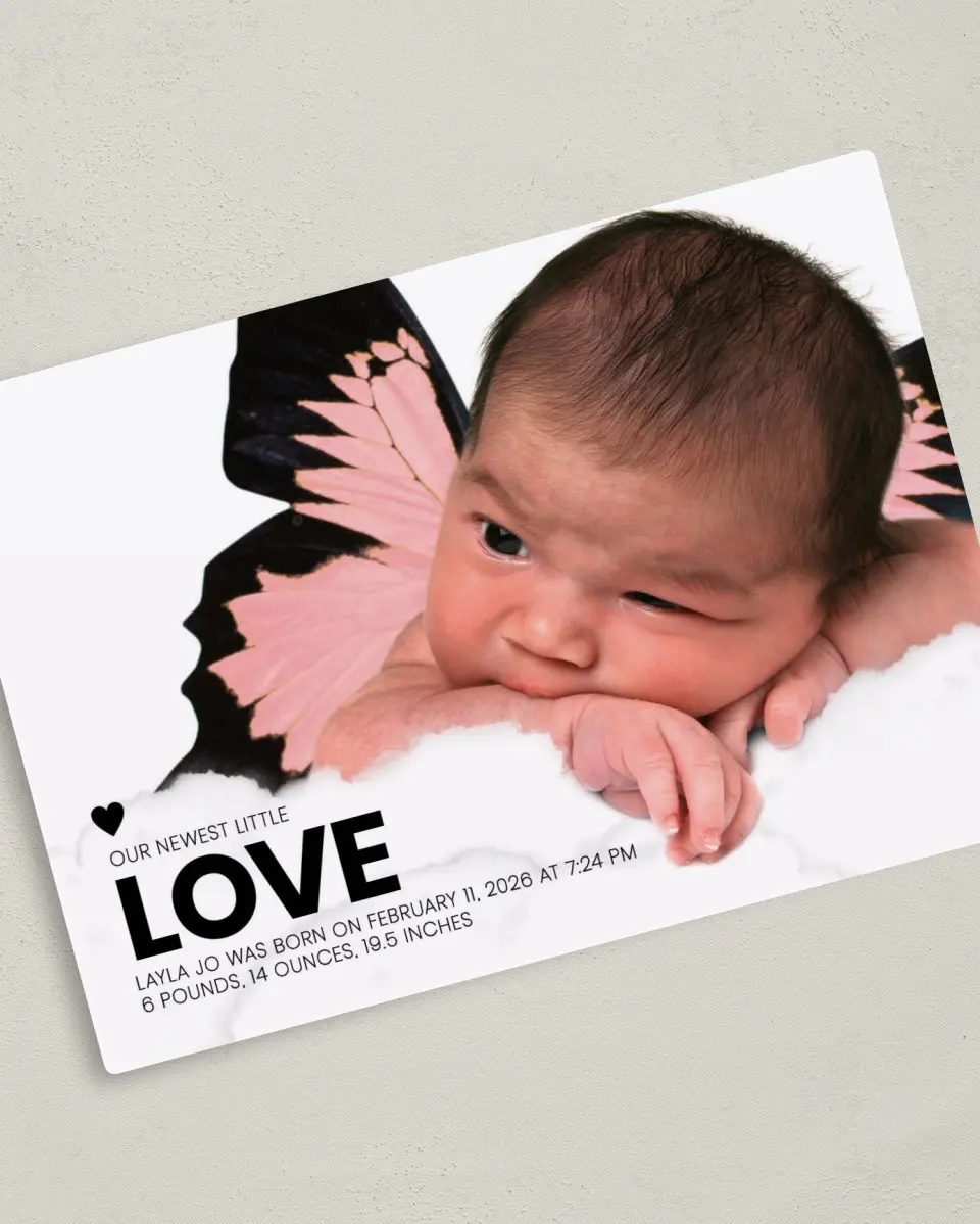 This is a 5" x 7" Birth Announcement Magnet called Modern Blessing printed in full color with Gold foil and a Luxe Satin finish