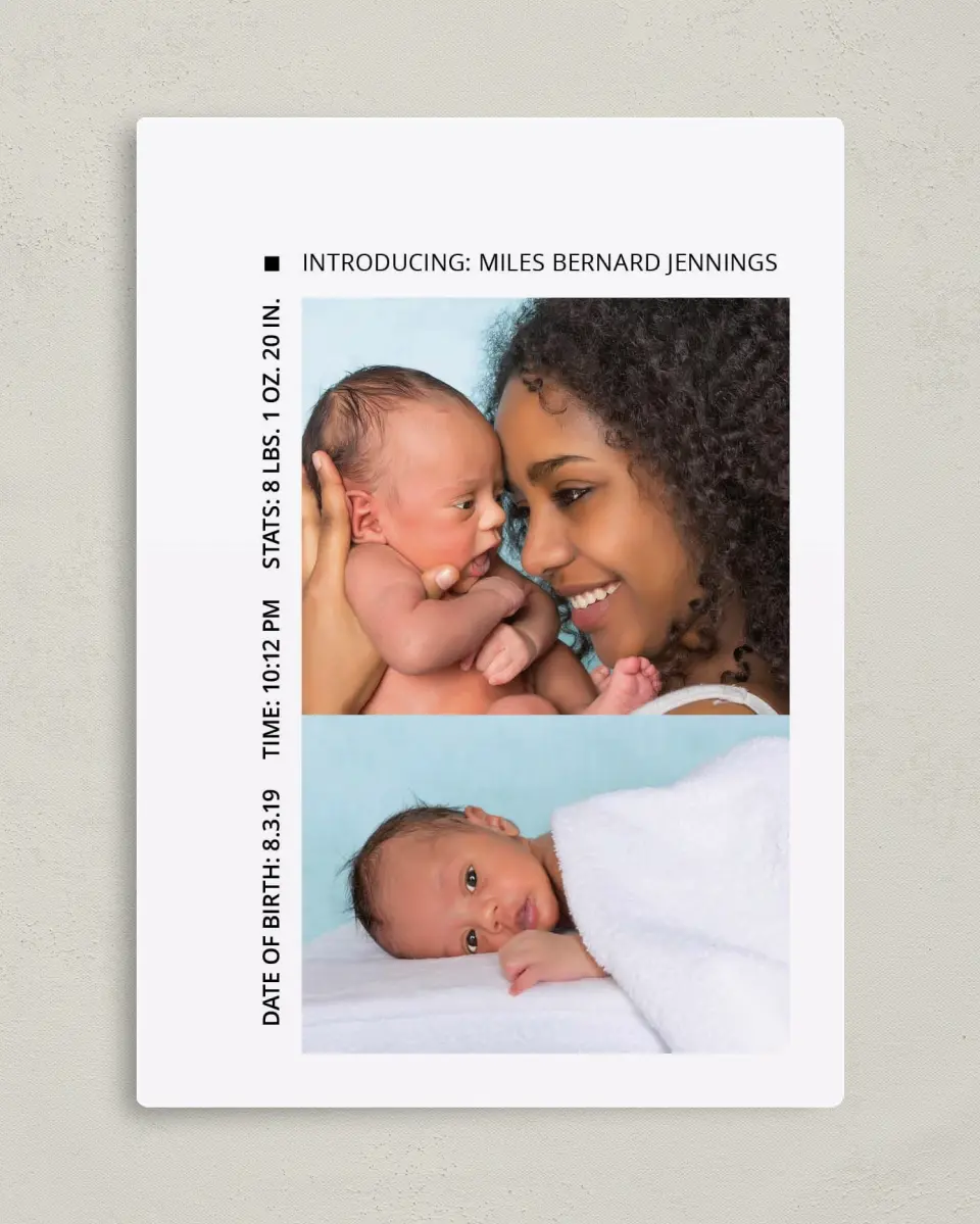 This is a 5" x 7" Birth Announcement Magnet called Confetti Cutie printed in full color with a Luxe Satin finish
