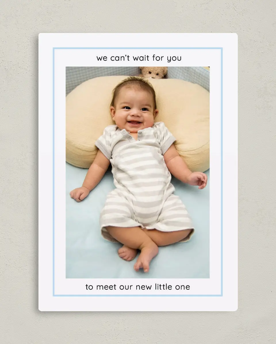 This is a 5" x 7" Birth Announcement Magnet called Framed Affection printed in full color with a Luxe Satin finish