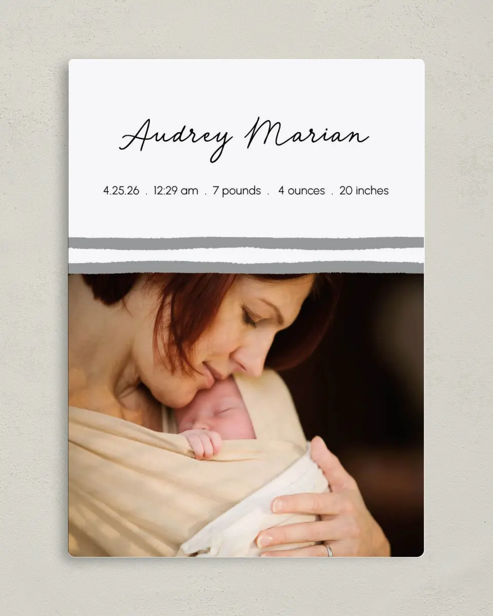 This is a 5" x 7" Birth Announcement Magnet called Wavy Wonder printed in full color with Gold foil and a Luxe Satin finish