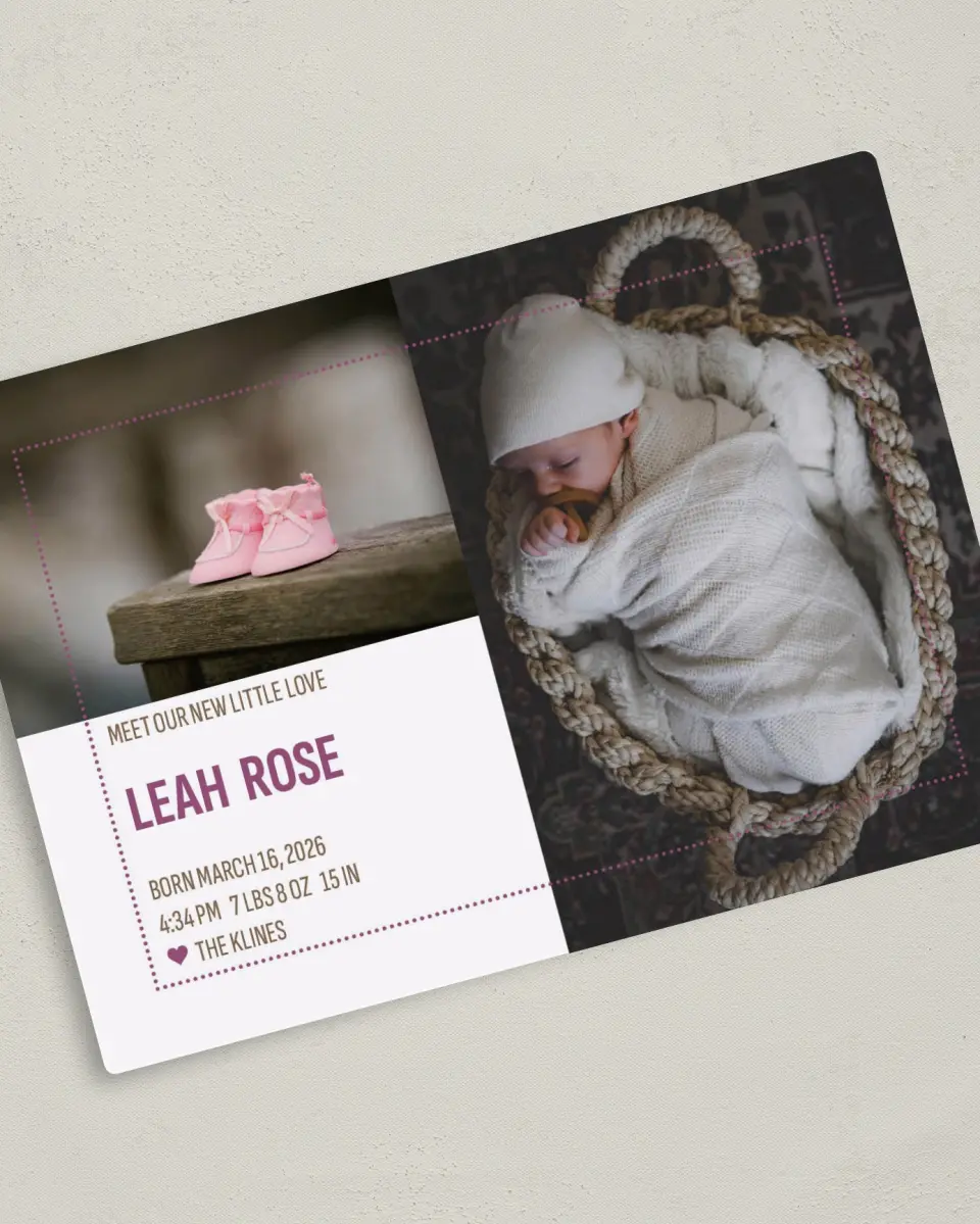 This is a 5" x 7" Birth Announcement Magnet called Little Love Dots printed in full color with a Luxe Satin finish