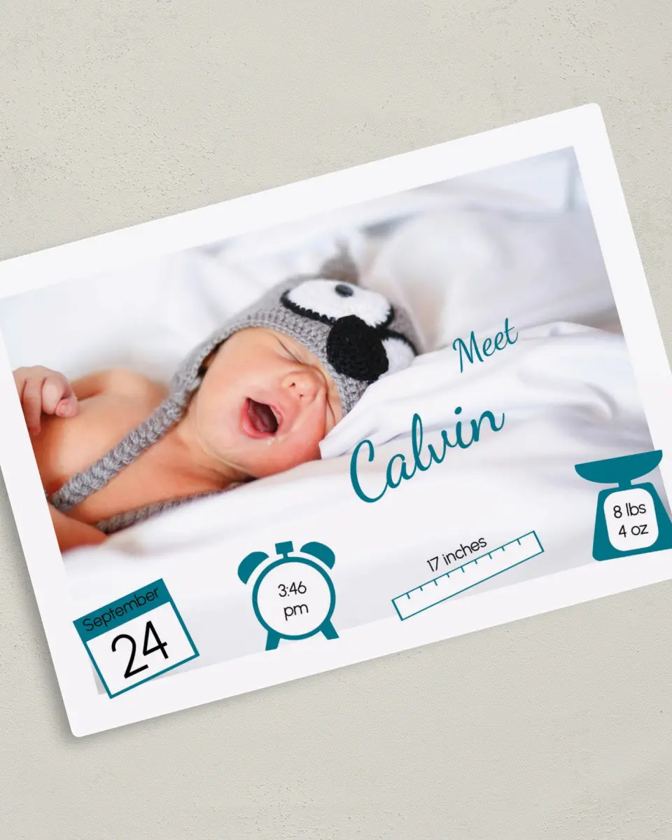 This is a 5" x 7" Birth Announcement Magnet called Iconic Baby Stats printed in full color with a Luxe Satin finish