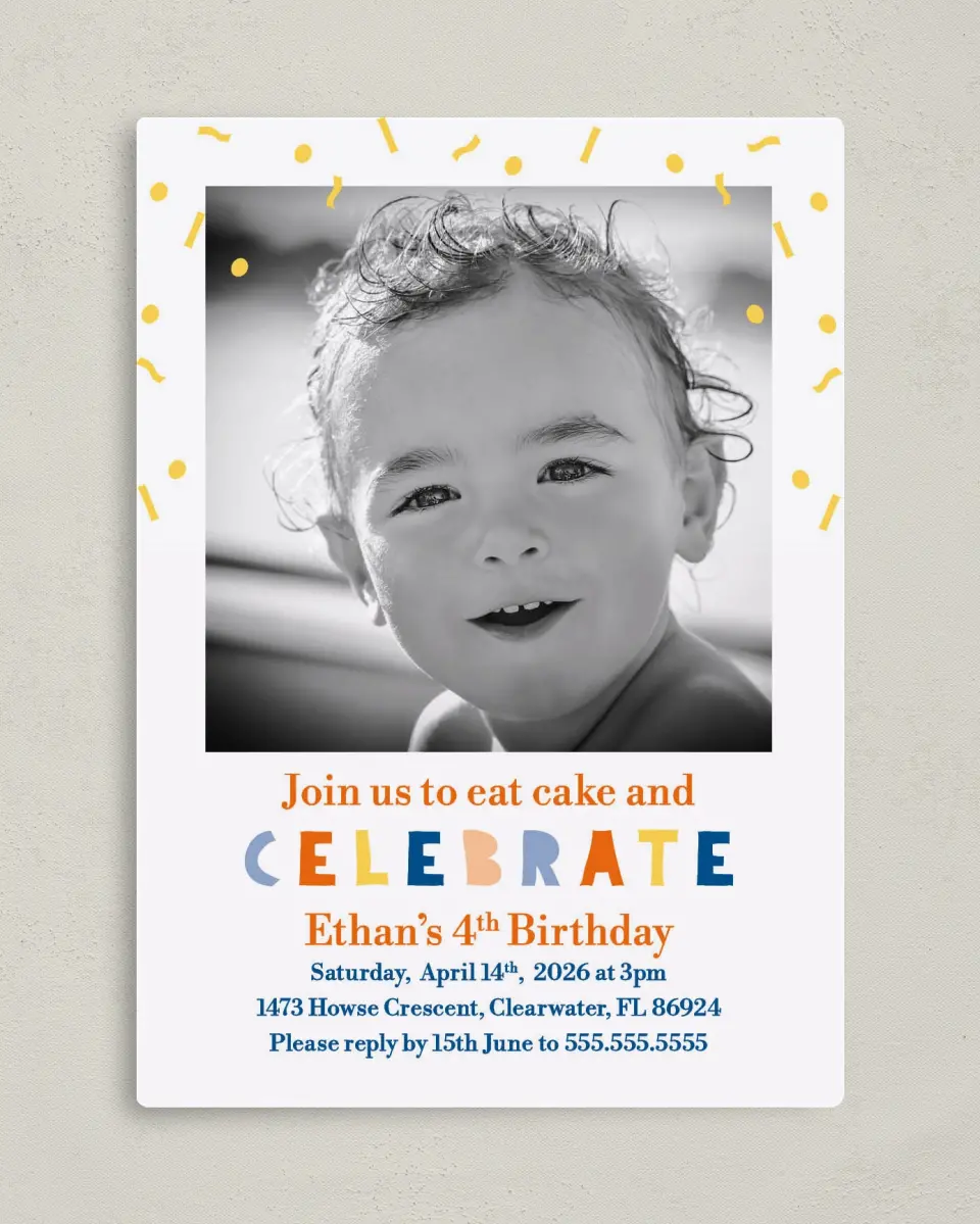 This is a 5" x 7" Birthday Party Invitation called Extra Sprinkles printed in full color with Silver foil and a Luxe Satin finish