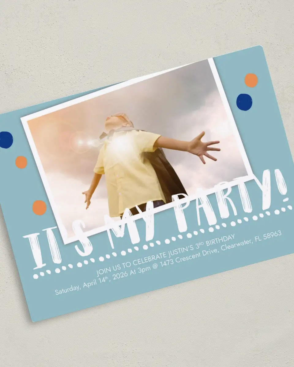 This is a 5" x 7" Birthday Party Invitation called My Party printed in full color with Silver foil and a Luxe Satin finish