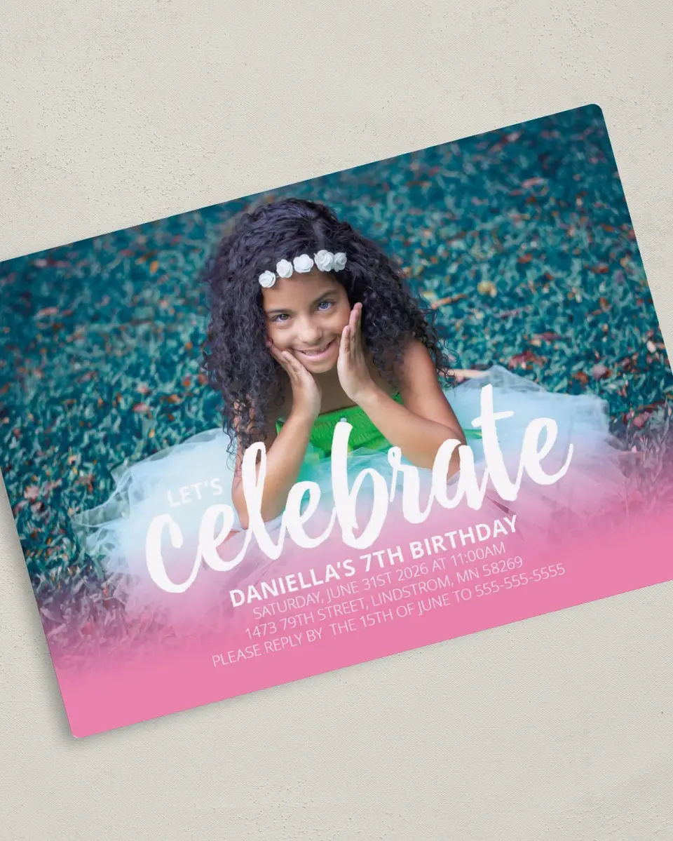 This is a 5" x 7" Birthday Party Invitation called Celebration Sweetness printed in full color with Silver foil and a Luxe Satin finish