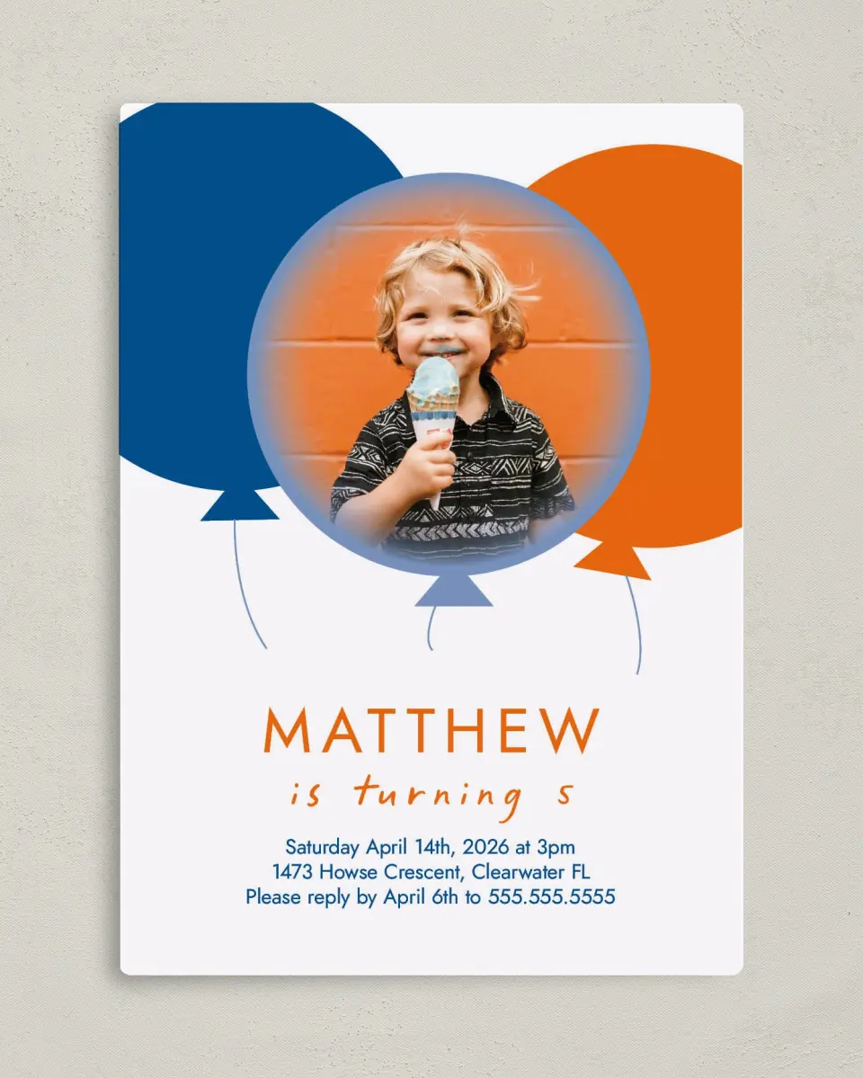 This is a 5" x 7" Birthday Party Invitation called Party Balloons printed in full color with Silver foil and a Luxe Satin finish