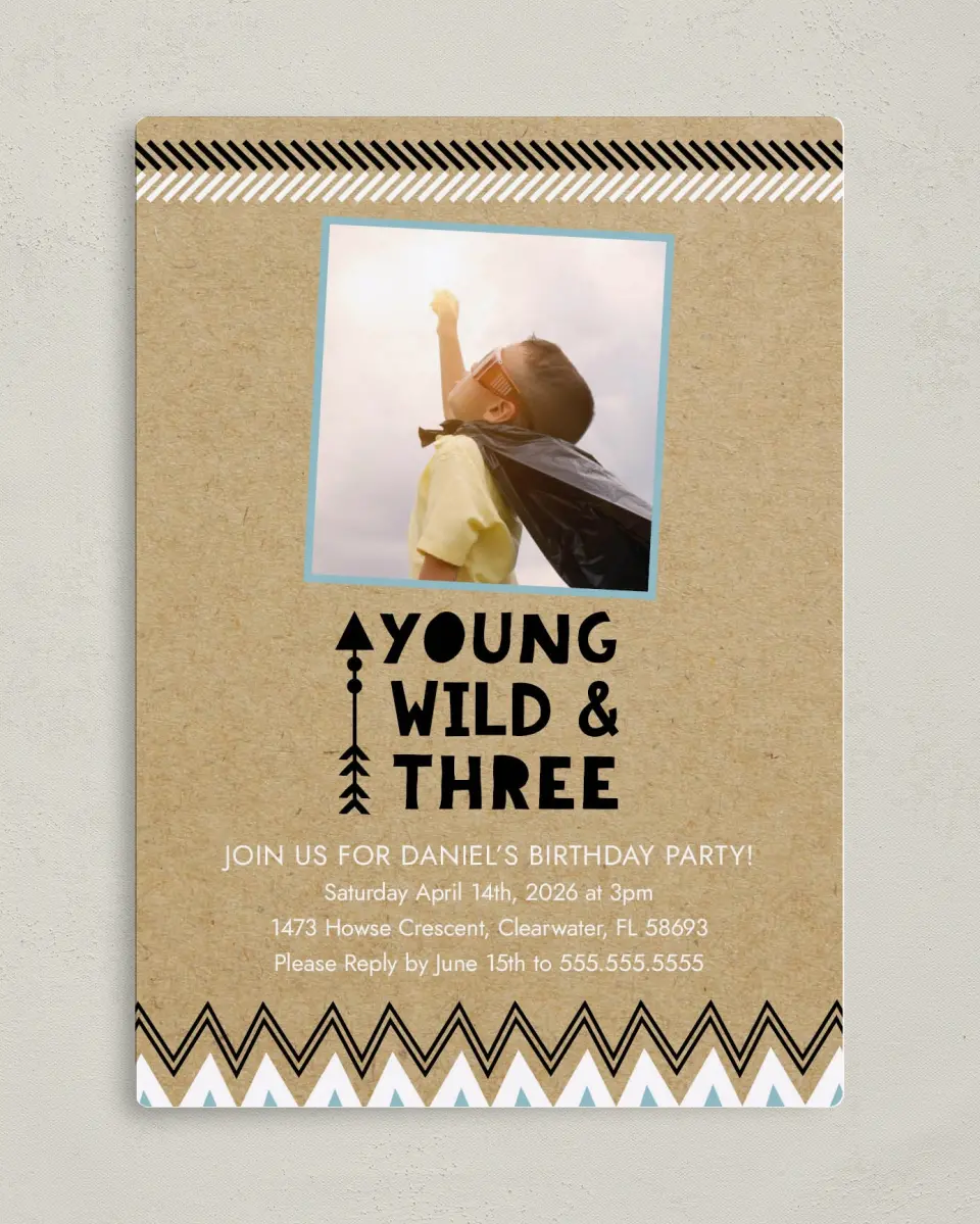 This is a 5" x 7" Birthday Party Invitation called Young & Wild printed in full color with Silver foil and a Luxe Satin finish