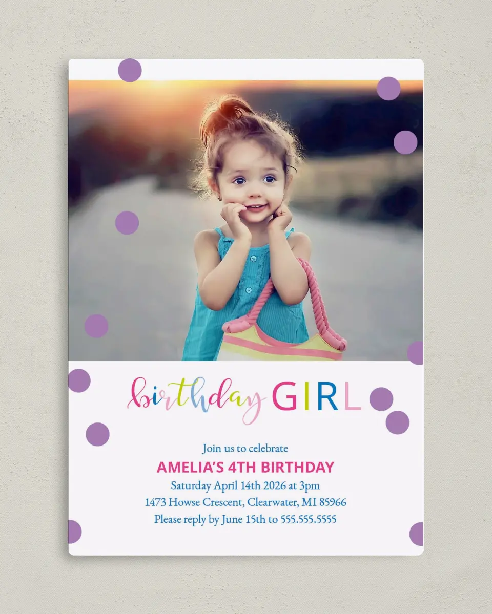 This is a 5" x 7" Birthday Party Invitation called Birthday Darling printed in full color with a Luxe Satin finish