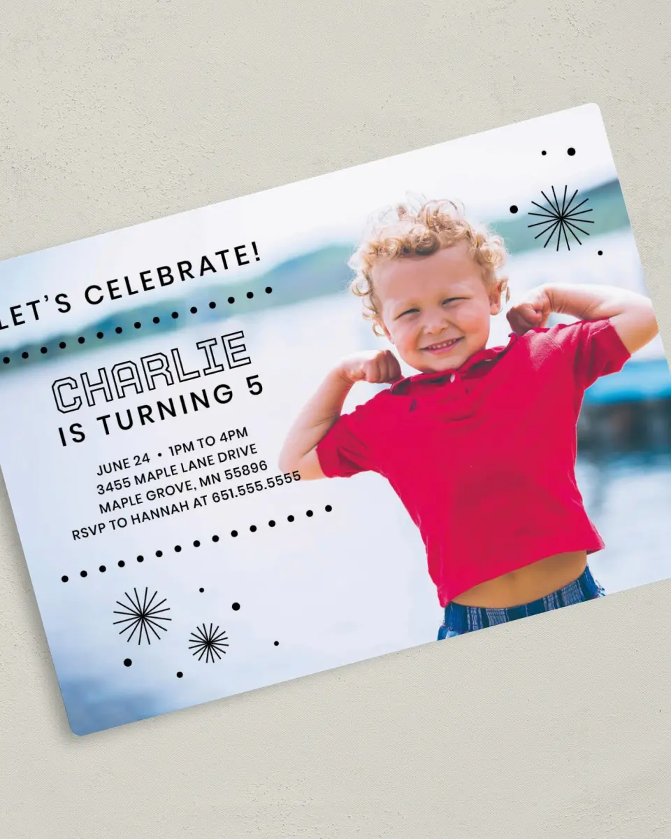 This is a 5" x 7" Birthday Party Invitation called Birthday Bursts printed in full color with Silver foil and a Luxe Satin finish