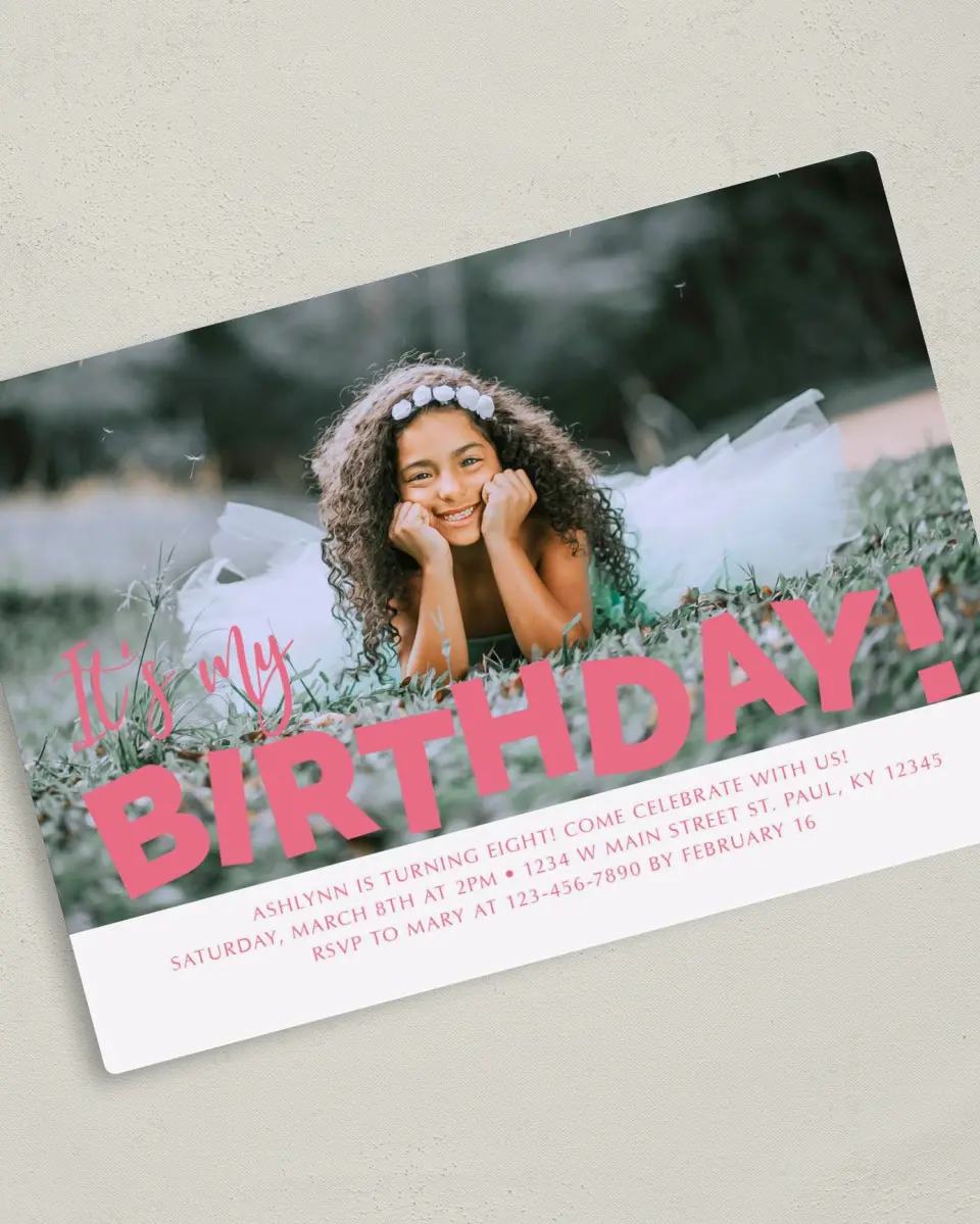 This is a 5" x 7" Birthday Party Invitation called Birthday Bash printed in full color with Silver foil and a Luxe Satin finish
