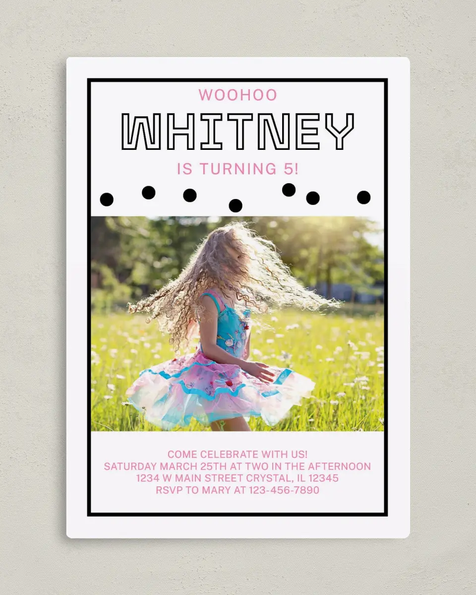 This is a 5" x 7" Birthday Party Invitation called Confetti Delight printed in full color with a Luxe Satin finish