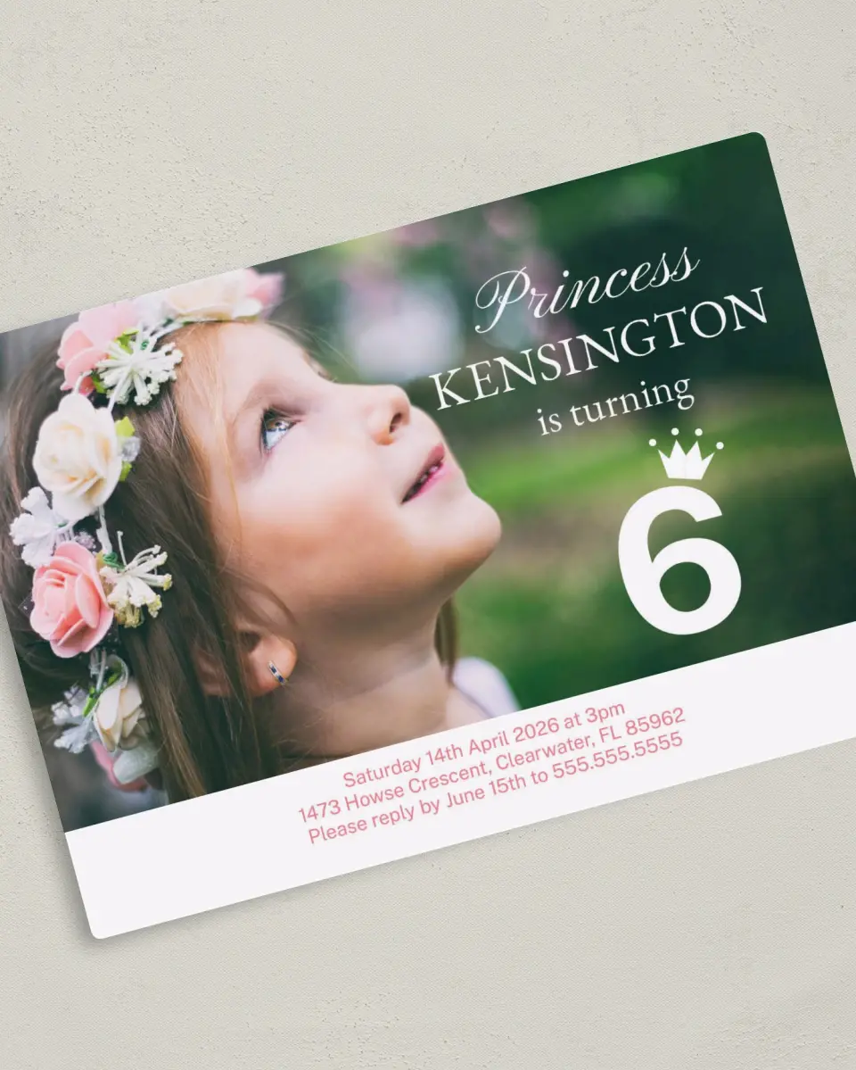 This is a 5" x 7" Birthday Party Invitation called Royal Whimsy printed in full color with Silver foil and a Luxe Satin finish