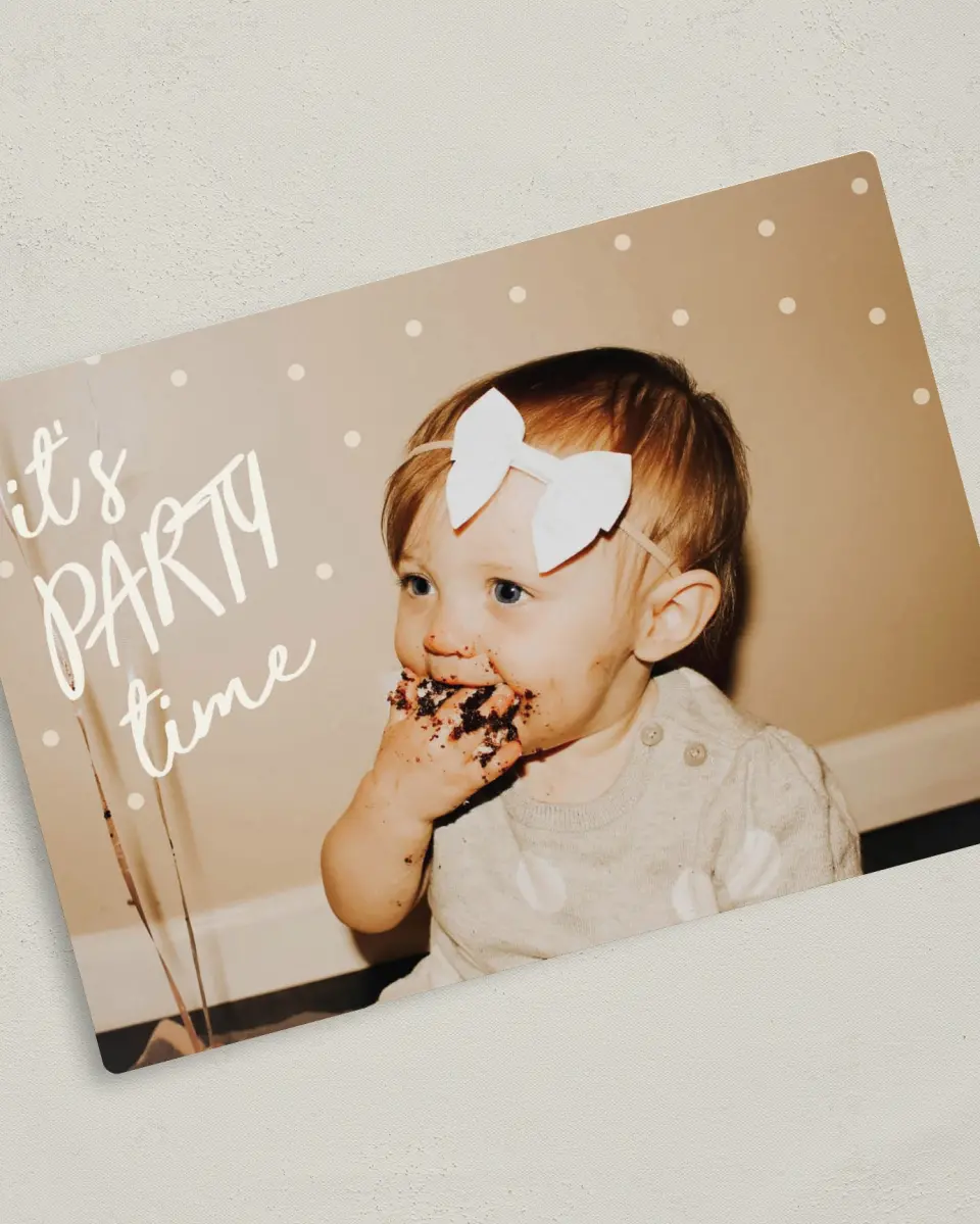 This is a 5" x 7" Birthday Party Invitation called Lotsa Dots printed in full color with Silver foil and a Luxe Satin finish
