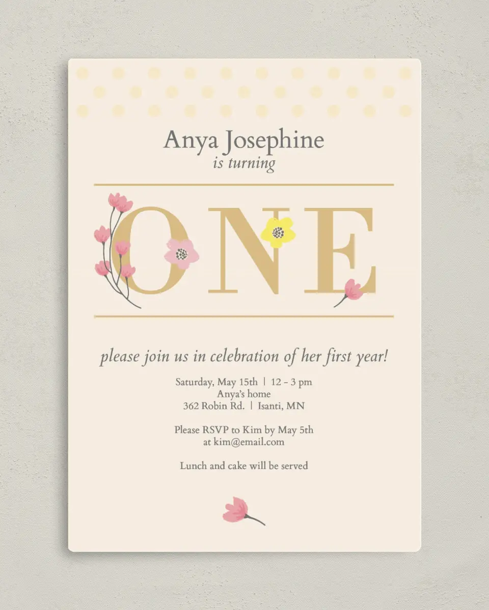 This is a 5" x 7" Birthday Party Invitation called Floral One printed in full color with Silver foil and a Luxe Satin finish