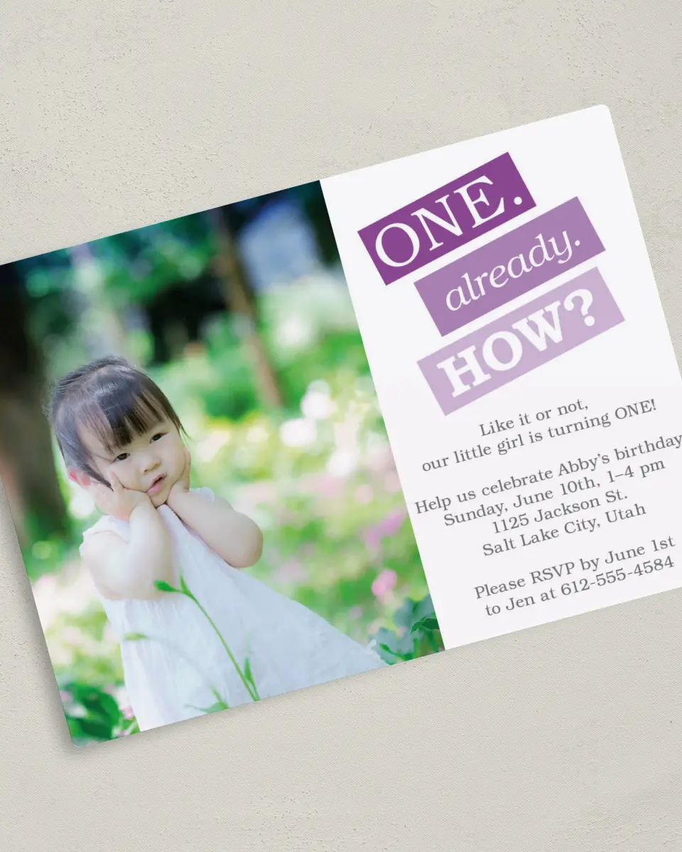 This is a 5" x 7" Birthday Party Invitation called Turning One! printed in full color with Silver foil and a Luxe Satin finish