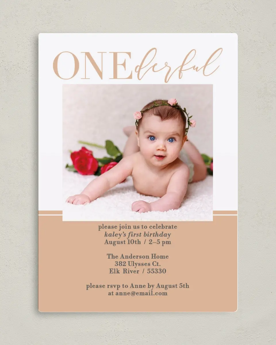 This is a 5" x 7" Birthday Party Invitation called Onederful Wish printed in full color with Silver foil and a Luxe Satin finish