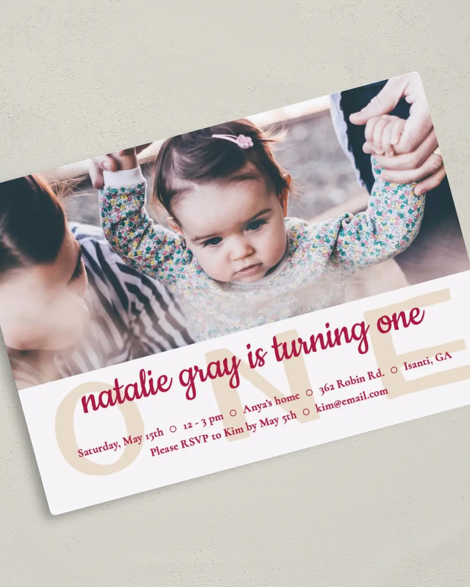 This is a 5" x 7" Birthday Party Invitation called Sweetly One printed in full color with a Luxe Satin finish