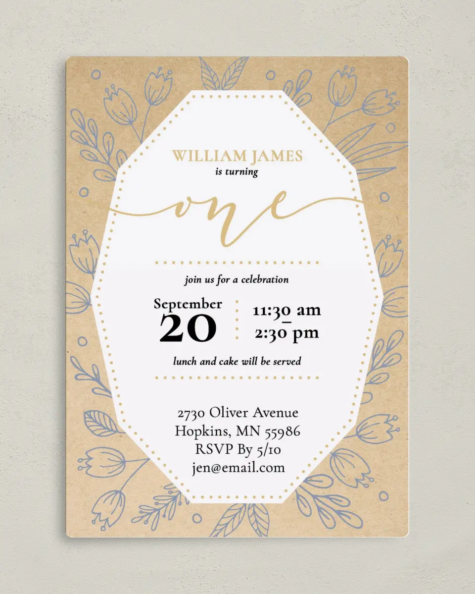 This is a 5" x 7" Birthday Party Invitation called Whimsical One printed in full color with Silver foil and a Luxe Satin finish