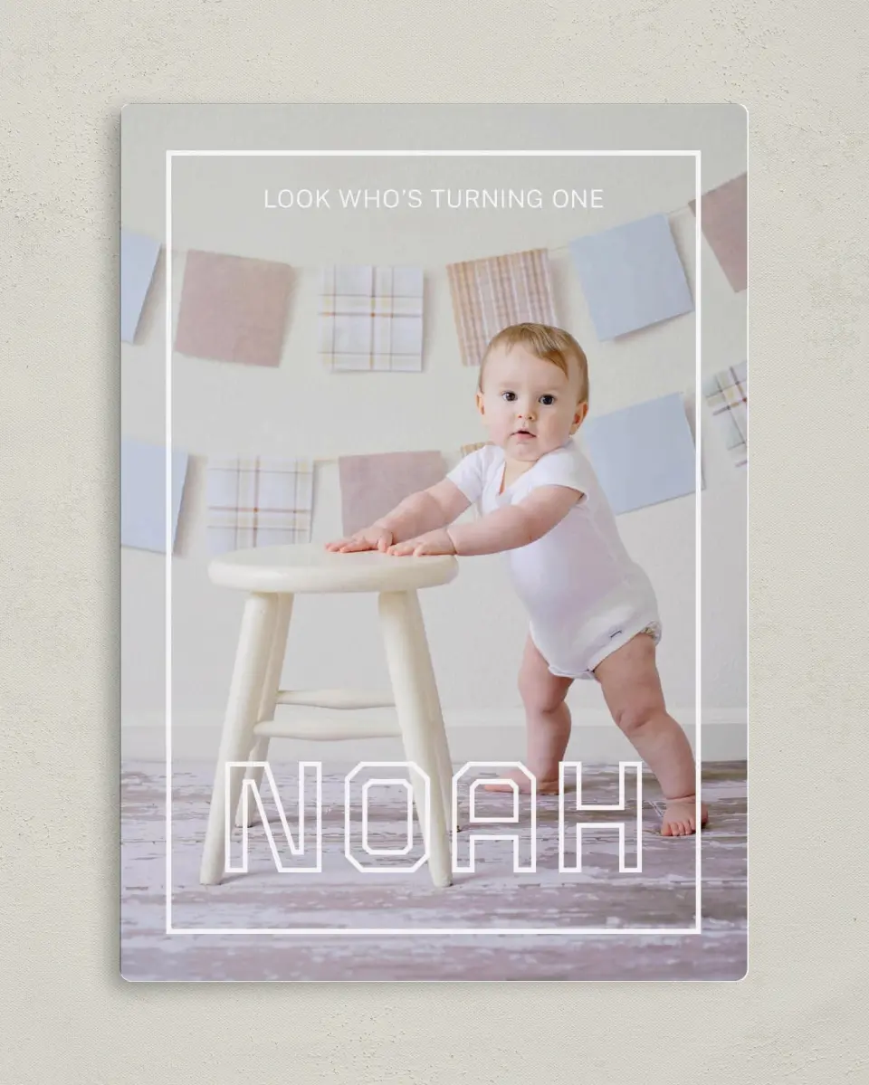 This is a 5" x 7" Birthday Party Invitation called Baby is One! printed in full color with Silver foil and a Luxe Satin finish
