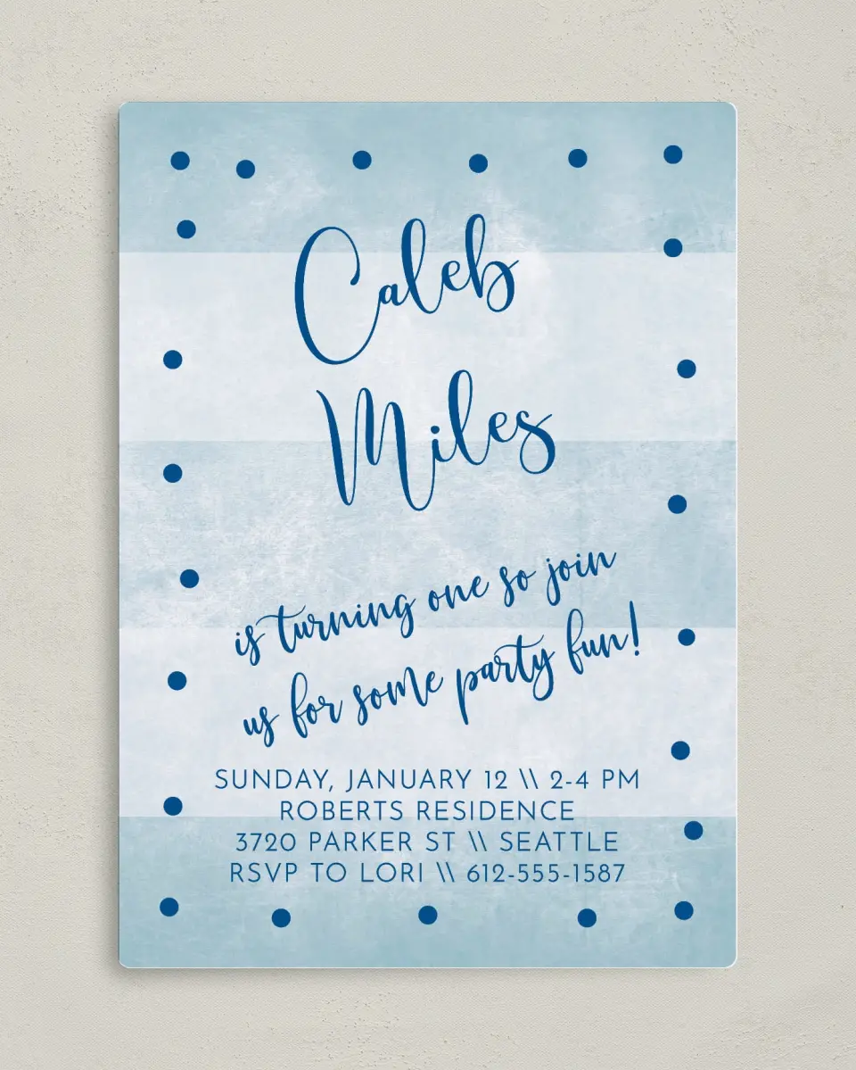 This is a 5" x 7" Birthday Party Invitation called Striped Wonder printed in full color with a Luxe Satin finish