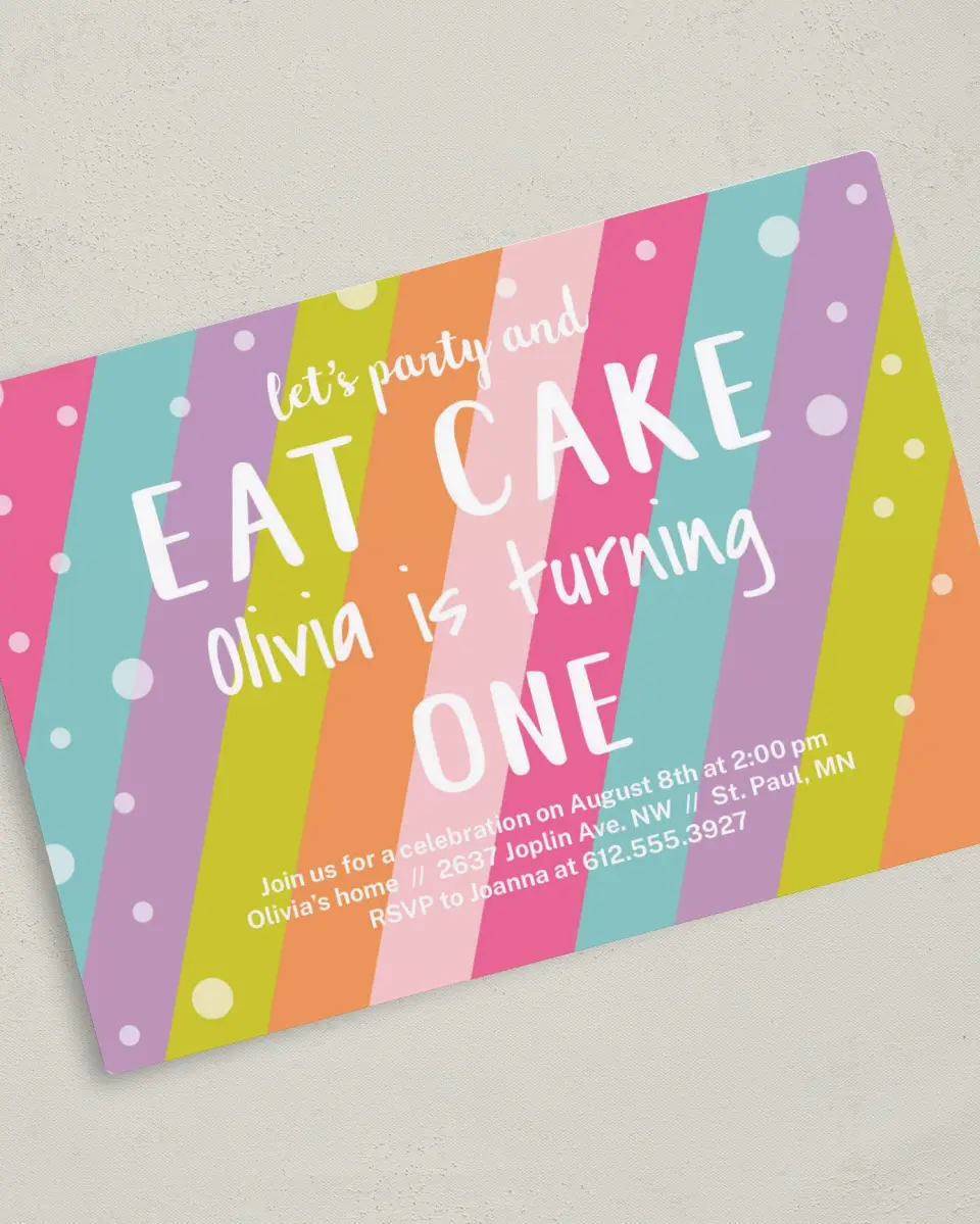 This is a 5" x 7" Birthday Party Invitation called There's Cake! printed in full color with a Luxe Satin finish