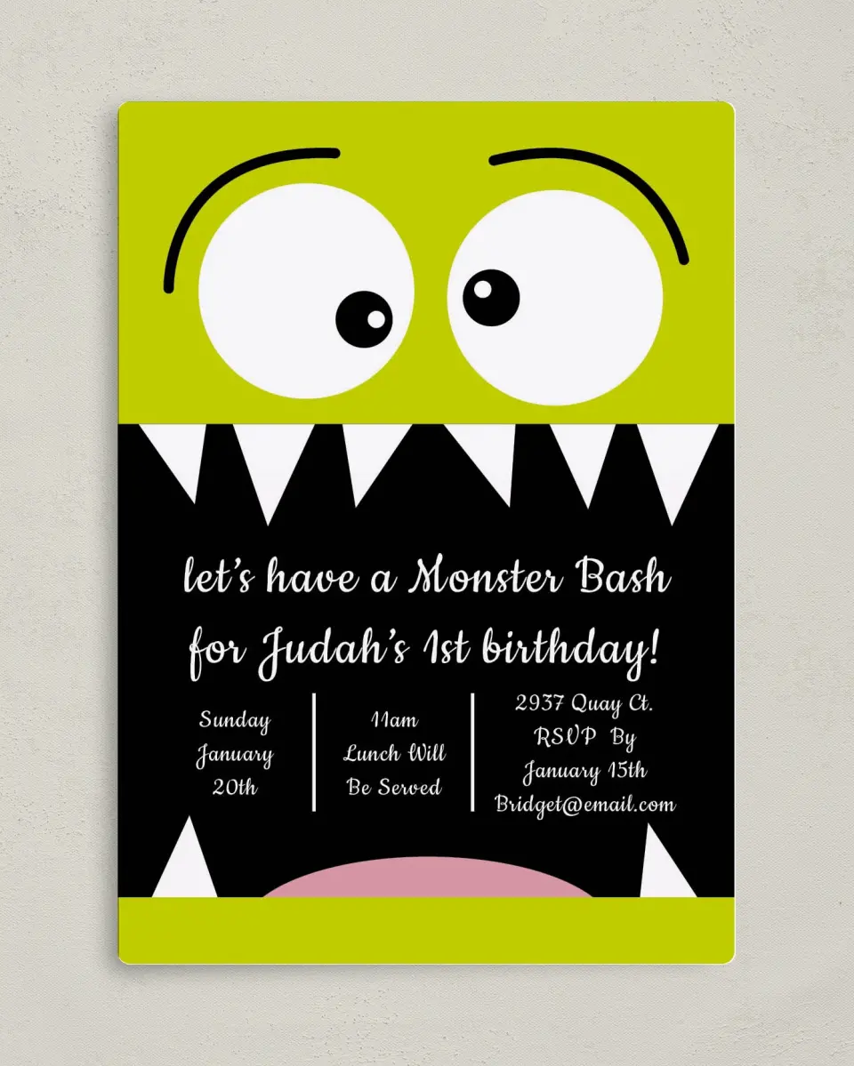 This is a 5" x 7" Birthday Party Invitation called Our Lil' Monster printed in full color with Silver foil and a Luxe Satin finish