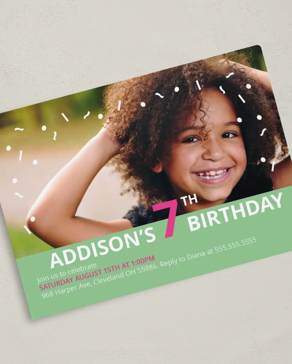 This is a 5" x 7" Birthday Party Invitation called Party Sprinkles printed in full color with Rose Gold foil and a Luxe Satin finish