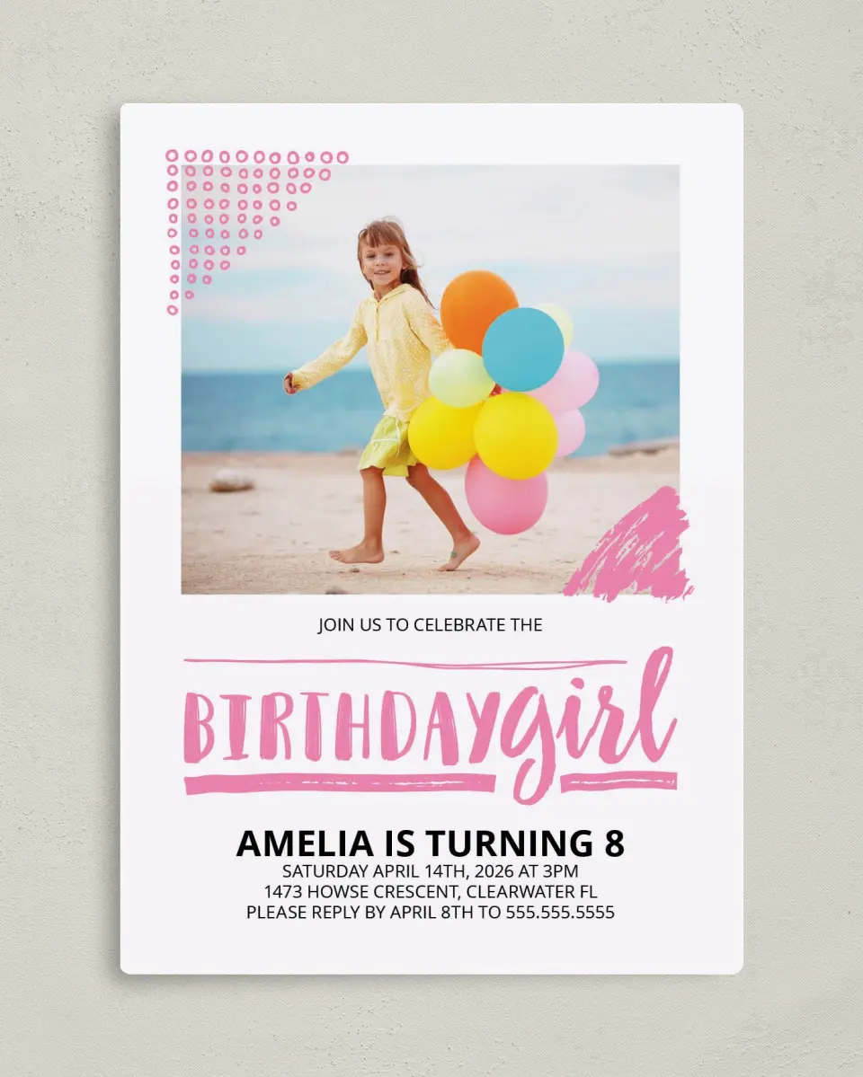 This is a 5" x 7" Birthday Party Invitation called Artsy Party printed in full color with Silver foil and a Luxe Satin finish