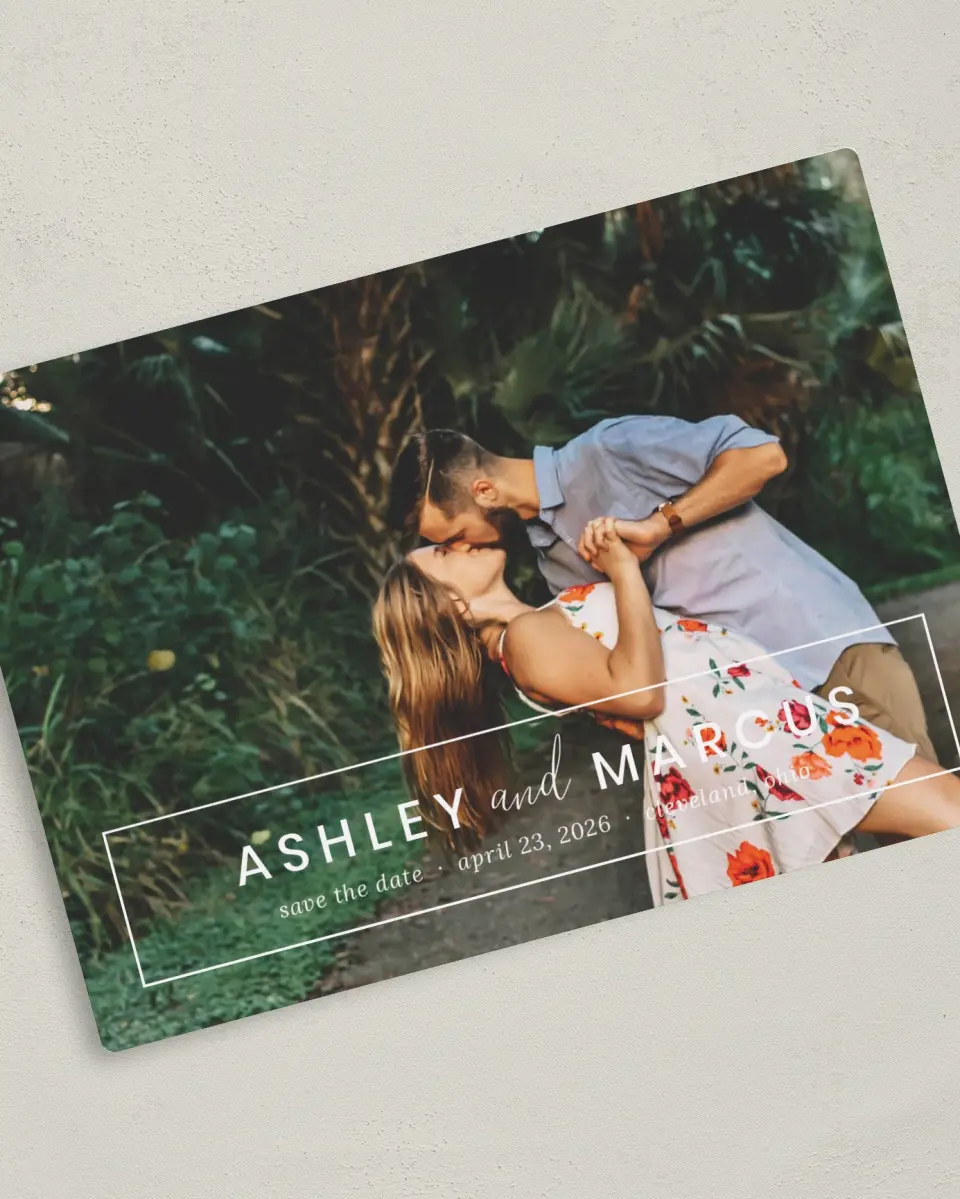 This is a 5" x 7" Save the Date Magnet called Names Framed printed in full color with a Luxe Satin finish