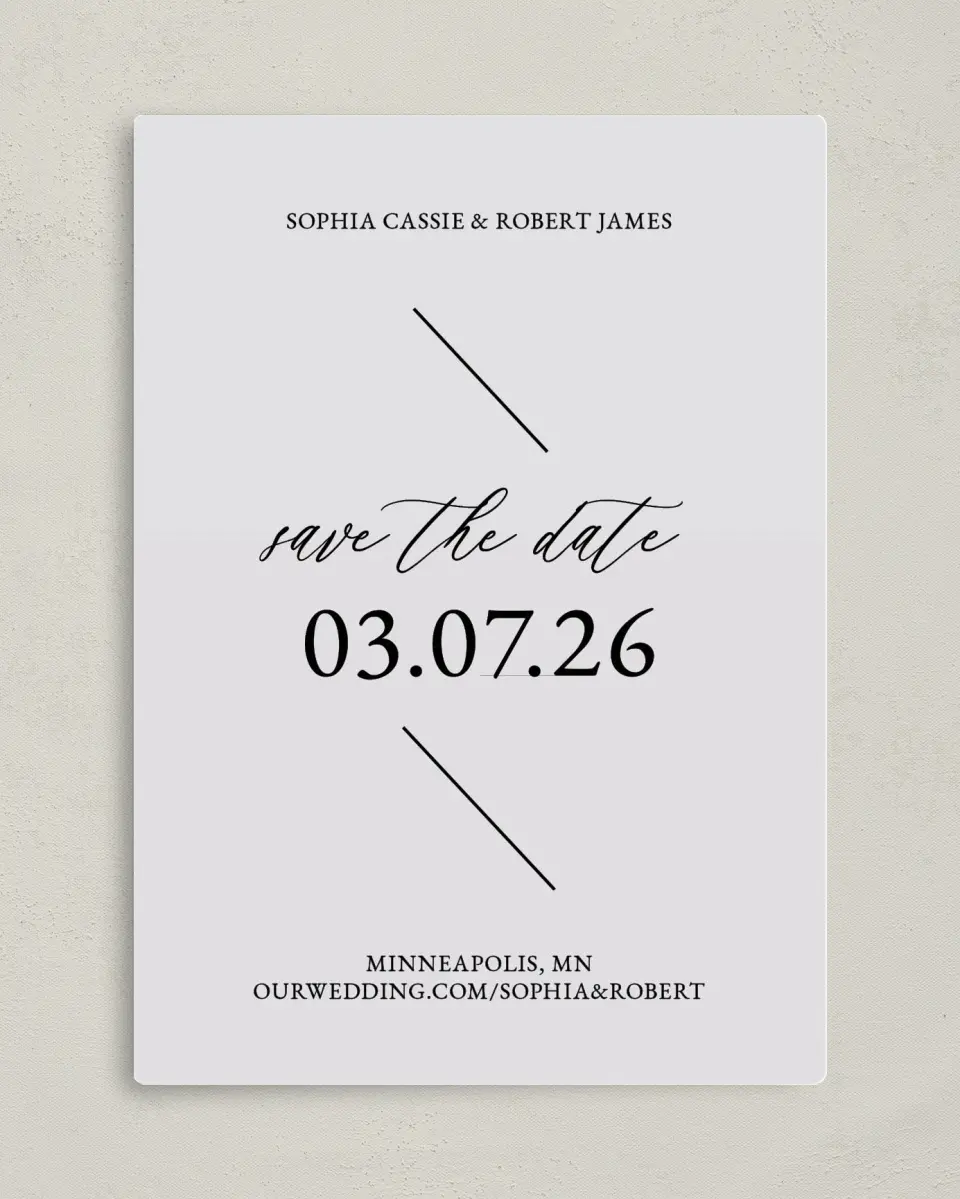 This is a 5" x 7" Save the Date Magnet called Magical Love printed in full color with a Luxe Satin finish