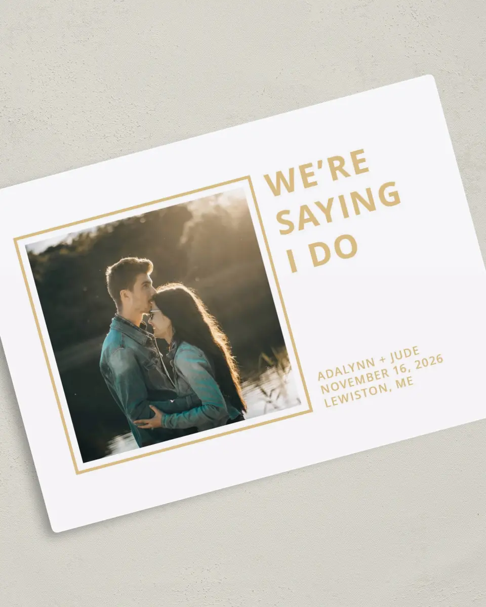This is a 5" x 7" Save the Date Magnet called We're Doing It printed in full color with a Luxe Satin finish