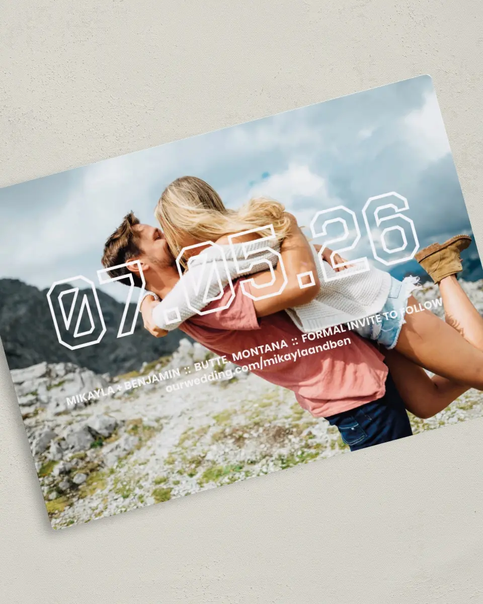This is a 5" x 7" Save the Date Magnet called Blocked Date printed in full color with a Luxe Satin finish