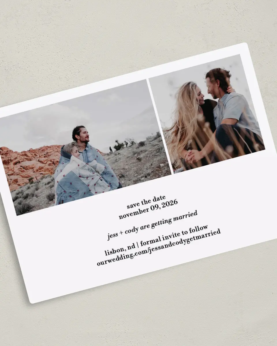 This is a 5" x 7" Save the Date Magnet called Soon to be We printed in full color with a Luxe Satin finish