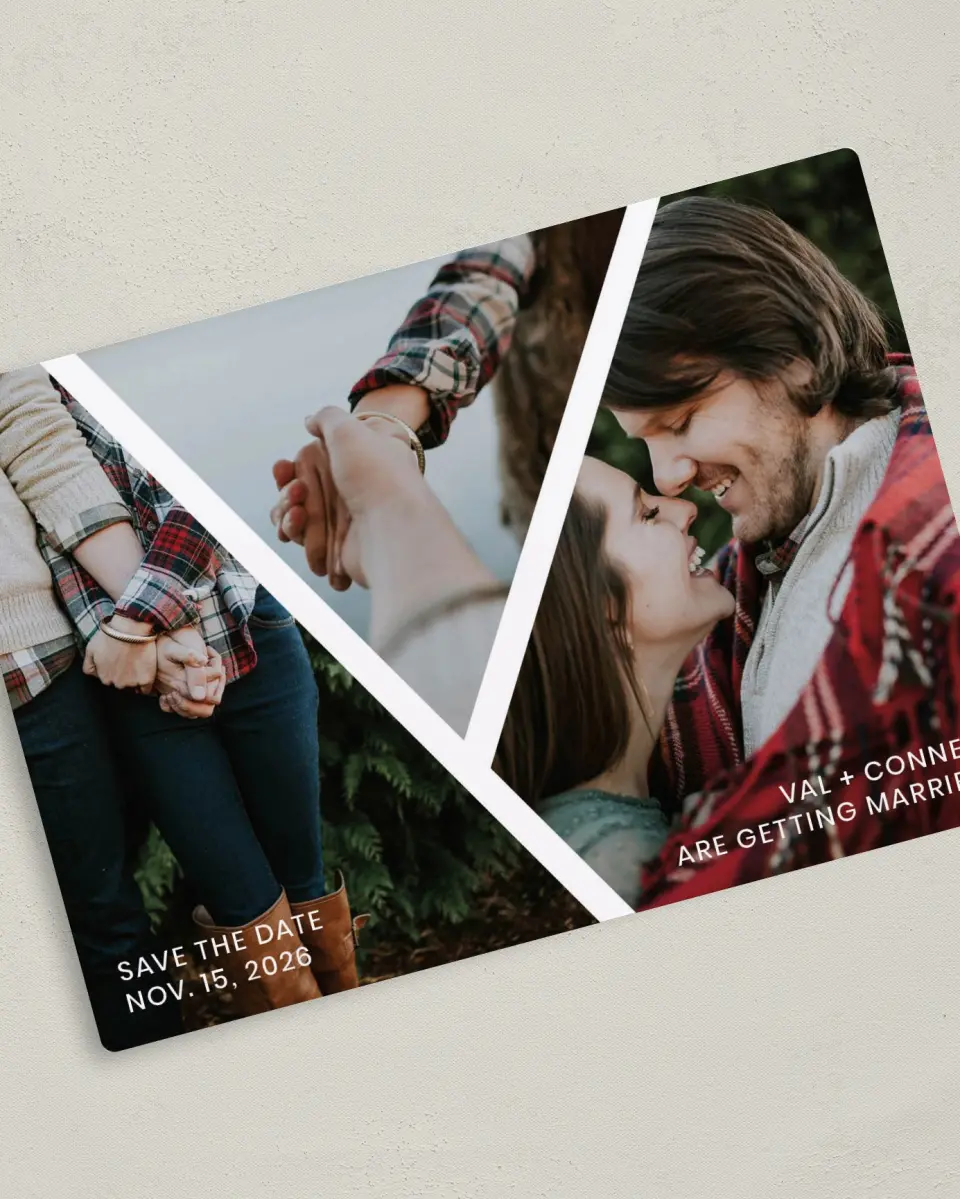 This is a 5" x 7" Save the Date Magnet called Criss Cross Crush printed in full color with a Luxe Satin finish