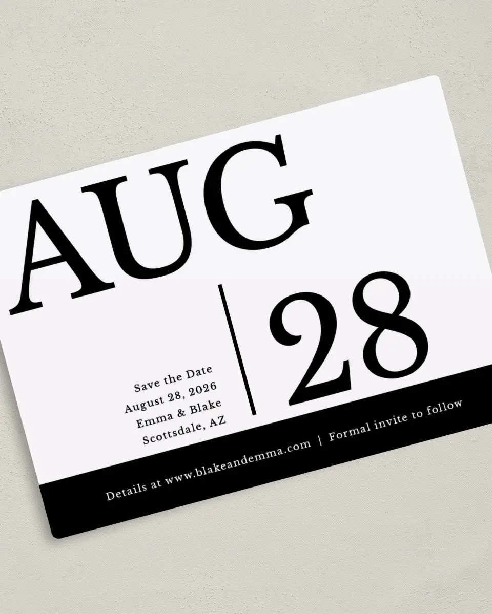 This is a 5" x 7" Save the Date Magnet called Our Date is Set printed in full color with a Luxe Satin finish