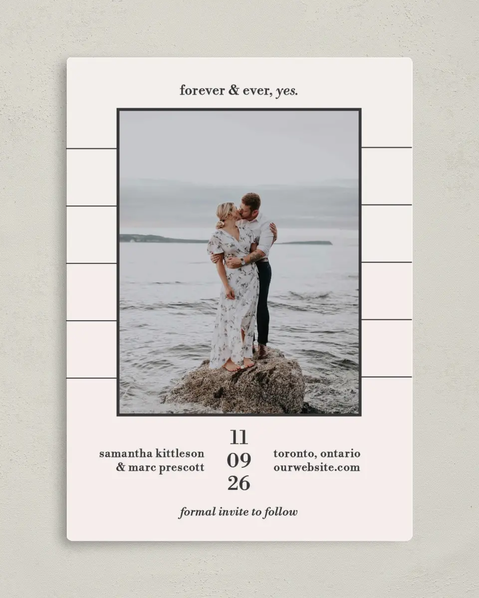 This is a 5" x 7" Save the Date Magnet called Yours Forever printed in full color with Rose Gold foil and a Luxe Satin finish