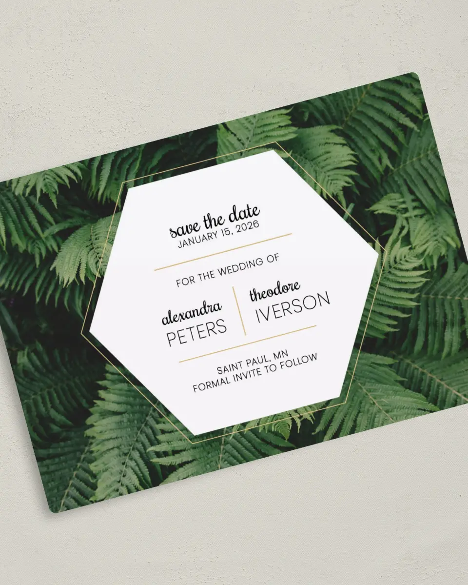 This is a 5" x 7" Save the Date Magnet called Simply Striking printed in full color with a Luxe Satin finish